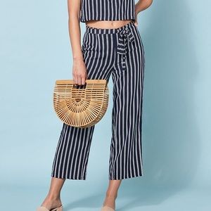 Navy + White Tie Front Stripe Pants